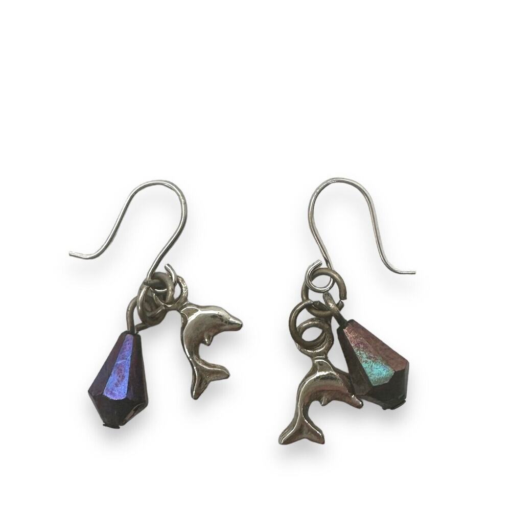 Dolphin Earrings Vintage Silver Tone Pearlescent Bead Fun Lightweight Dangles